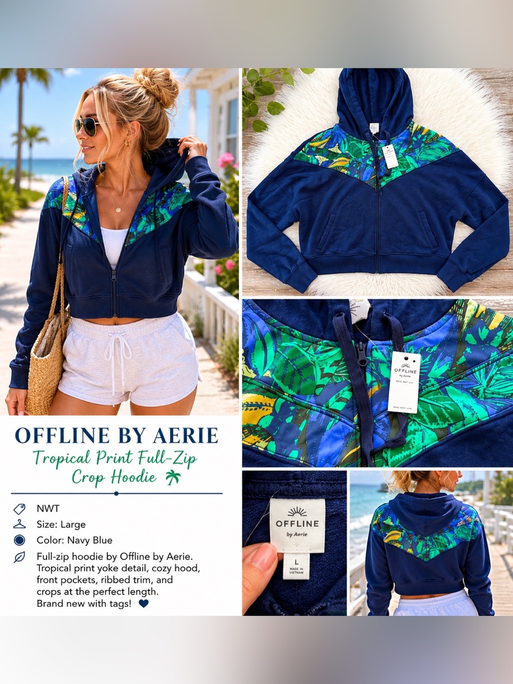 Offline by Aerie Tropical Print Cropped Zip Hoodie NWT Large Navy Blue Jacket - Picture 3 of 3